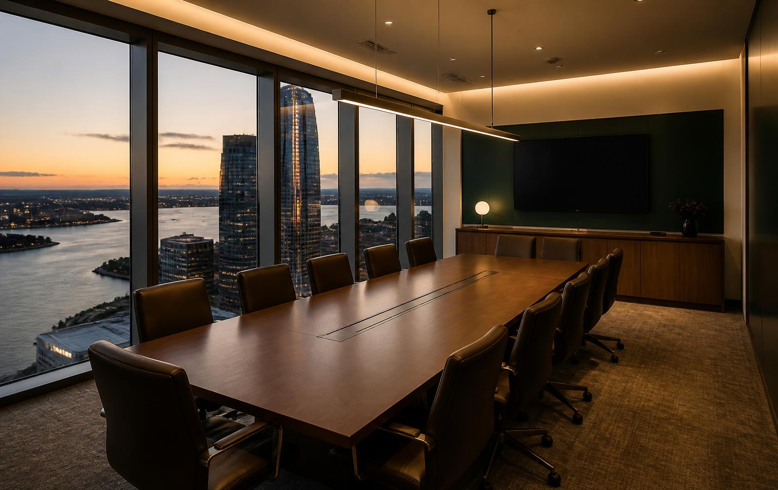 Empty Sydney CBD boardroom overlooking the harbour at dusk